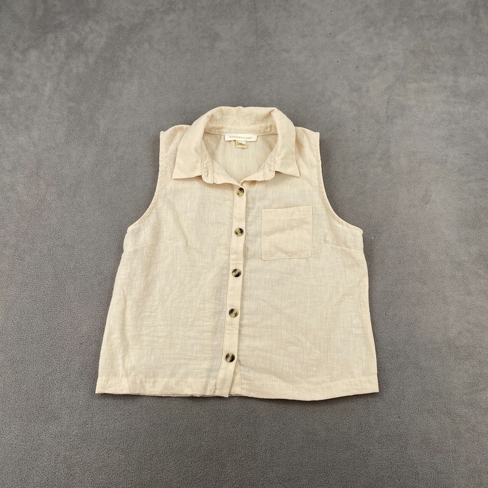 Monteau Los Angeles Blouse Top Womens Medium Beige Sleeveless Casual Button Up